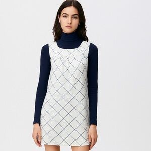 Anthropologie Maeve Off White & Blue Grid Mini Pinafore School Girl Dress Sz 4